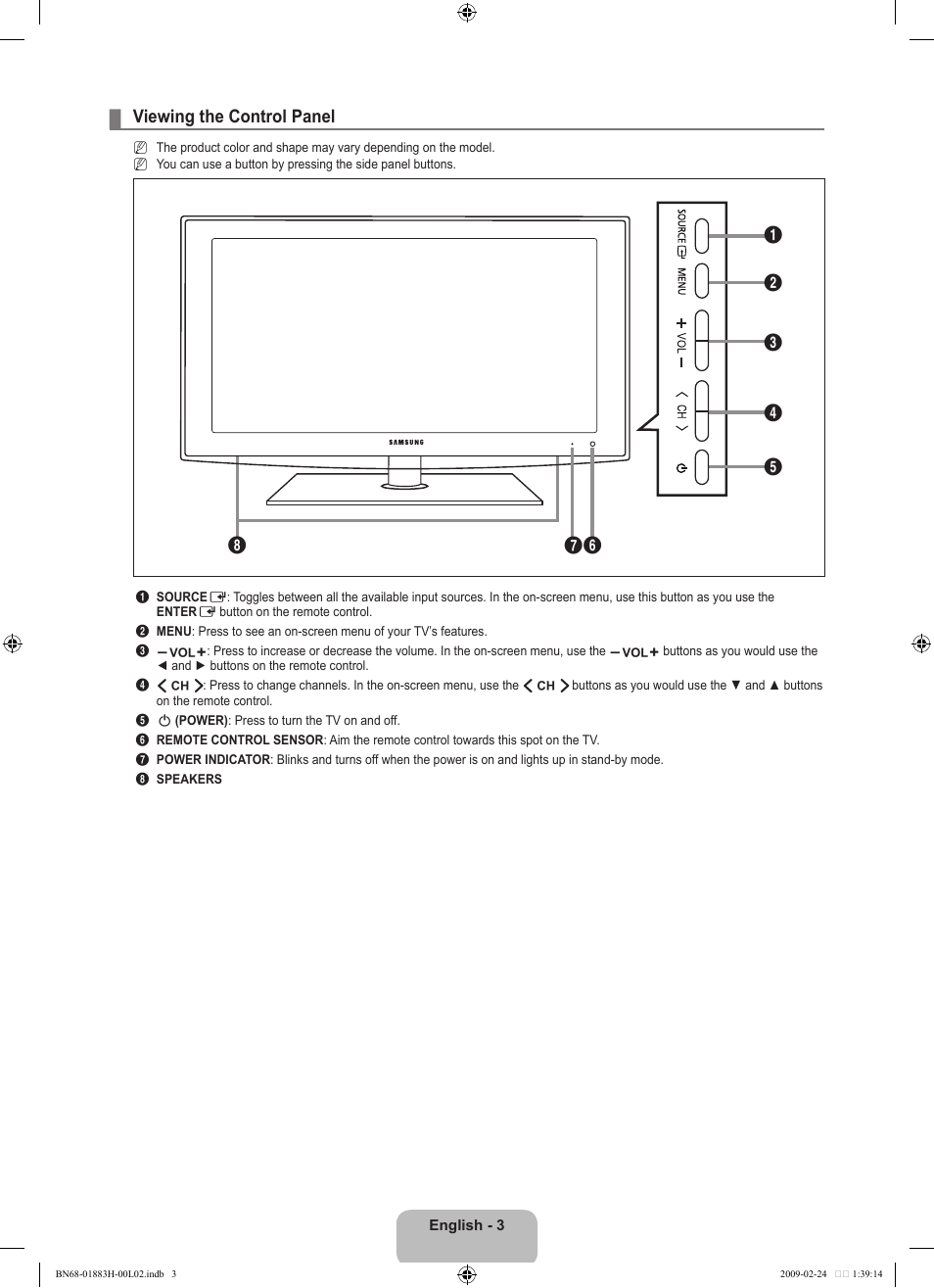 Viewing the control panel | Samsung LN32B540P8DUZA User Manual | Page 5 / 73
