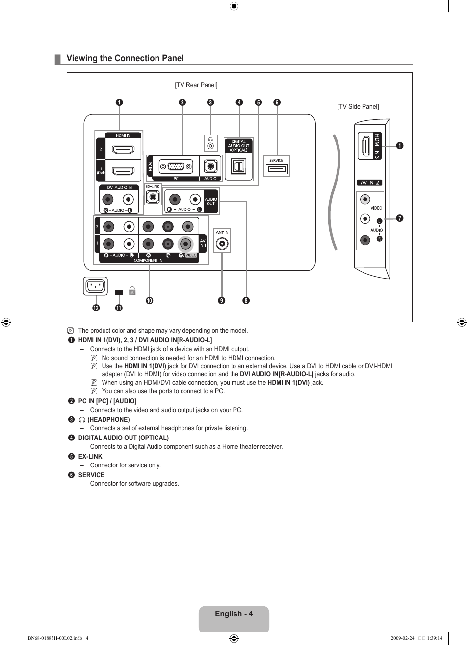 Viewing the connection panel | Samsung LN32B540P8DUZA User Manual | Page 6 / 73