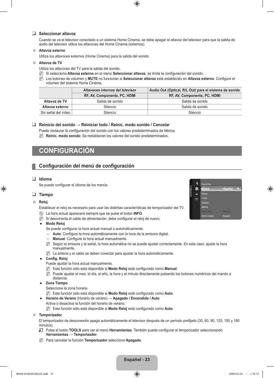 Configuración, Configuración del menú de configuración | Samsung LN32B540P8DUZA User Manual | Page 61 / 73