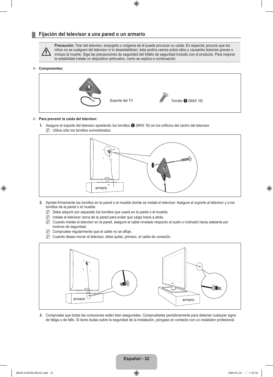 Fijación del televisor a una pared o un armario | Samsung LN32B540P8DUZA User Manual | Page 70 / 73