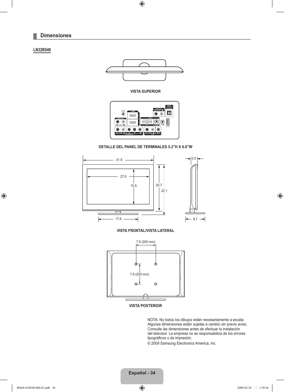 Dimensiones | Samsung LN32B540P8DUZA User Manual | Page 72 / 73