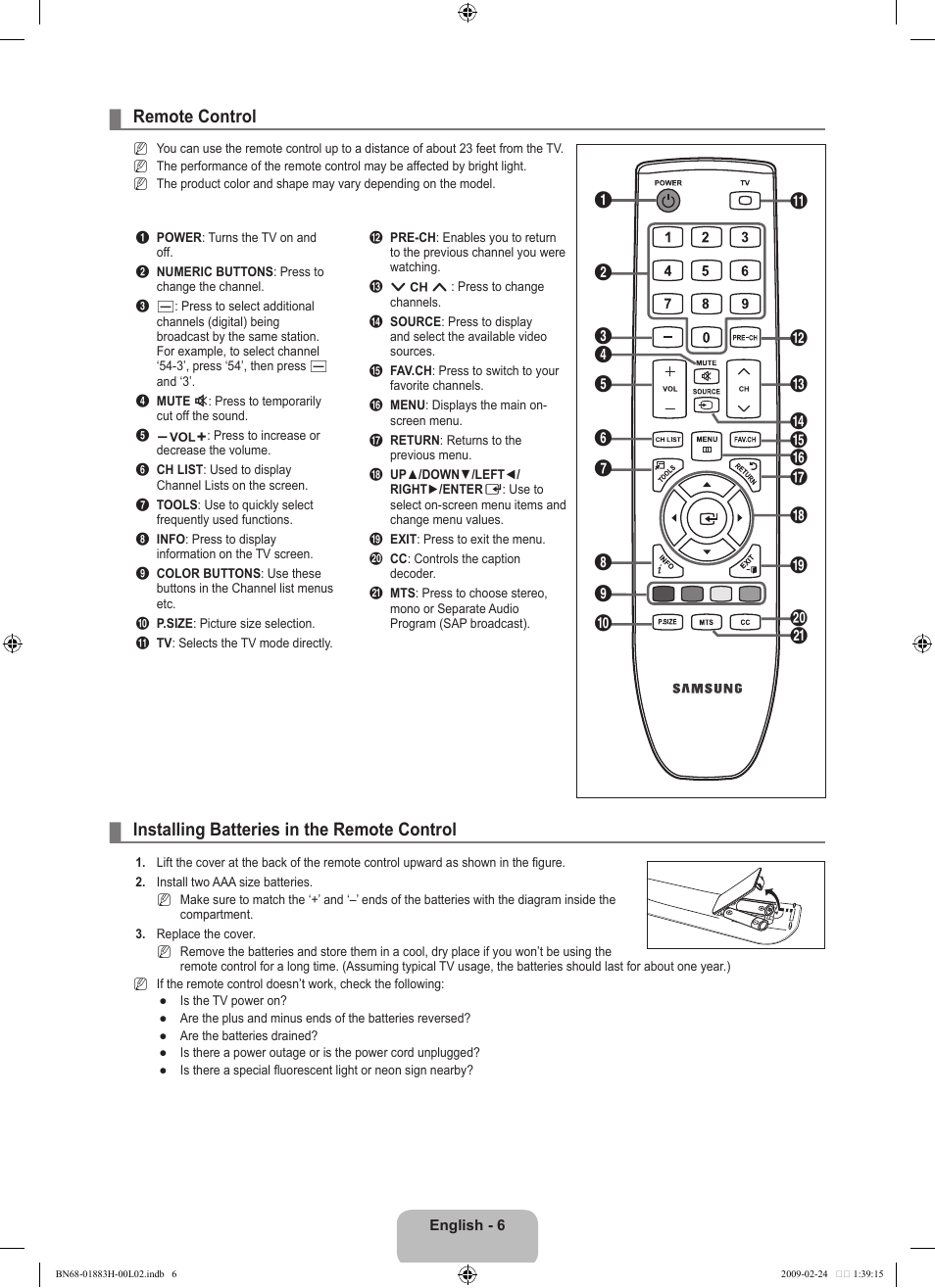 Remote control, Installing batteries in the remote control | Samsung LN32B540P8DUZA User Manual | Page 8 / 73