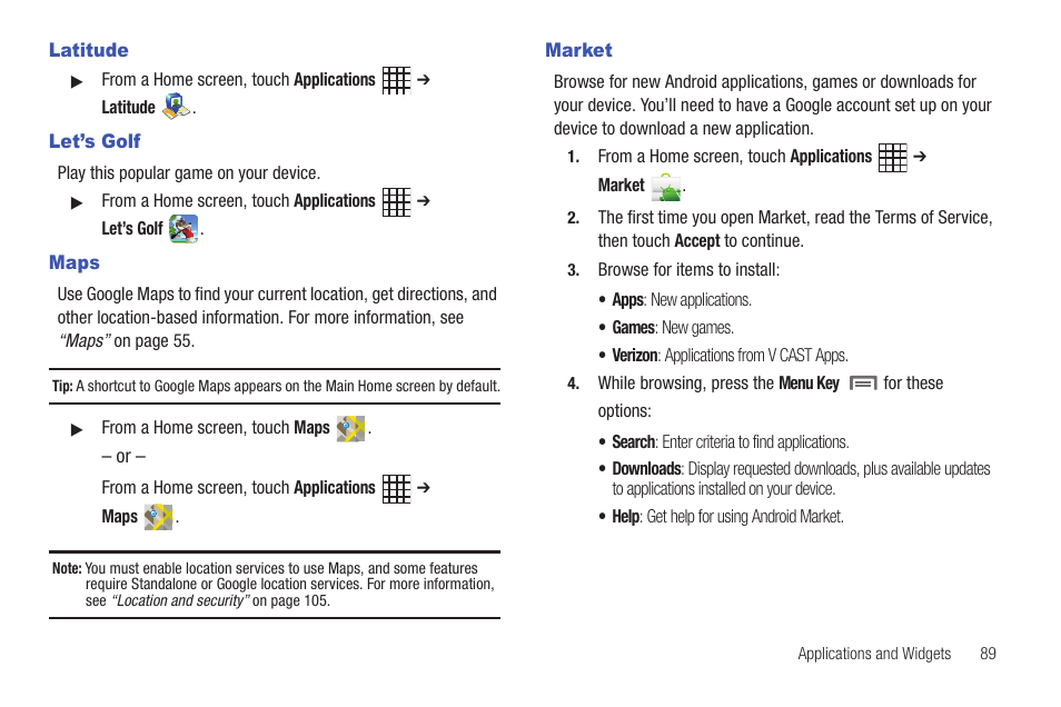 Latitude, Let’s golf, Maps | Market, Latitude let’s golf maps market | Samsung SCH-I800BKAVZW User Manual | Page 95 / 150