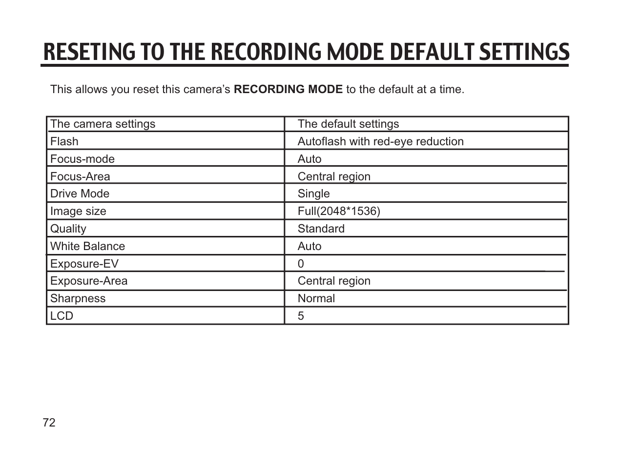 Reseting to the recording mode default settings | Argus Camera DC3650 User Manual | Page 68 / 148