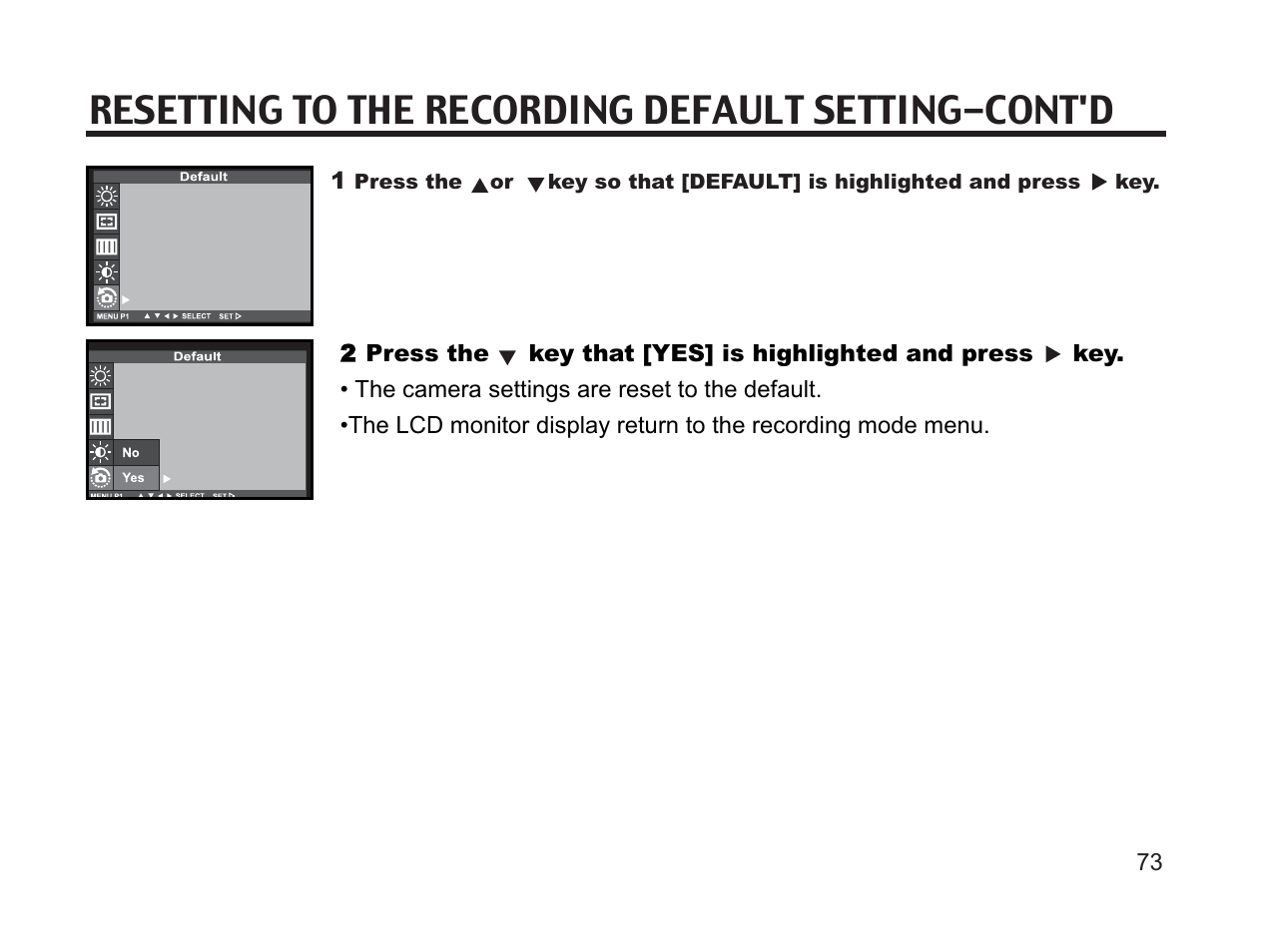 Resetting to the recording default setting-cont'd | Argus Camera DC3650 User Manual | Page 69 / 148