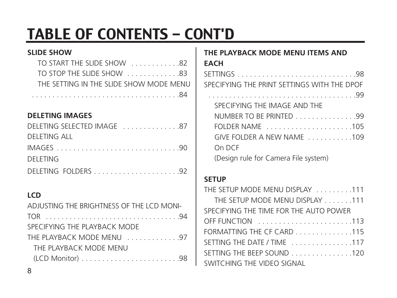 Table of contents - cont'd | Argus Camera DC3650 User Manual | Page 8 / 148