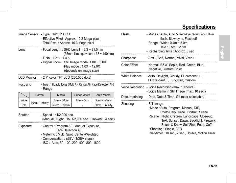 Specifications | Samsung EC-BL105SBA-US User Manual | Page 12 / 30