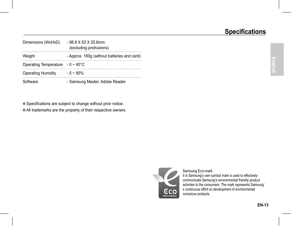 Specifications | Samsung EC-BL105SBA-US User Manual | Page 14 / 30