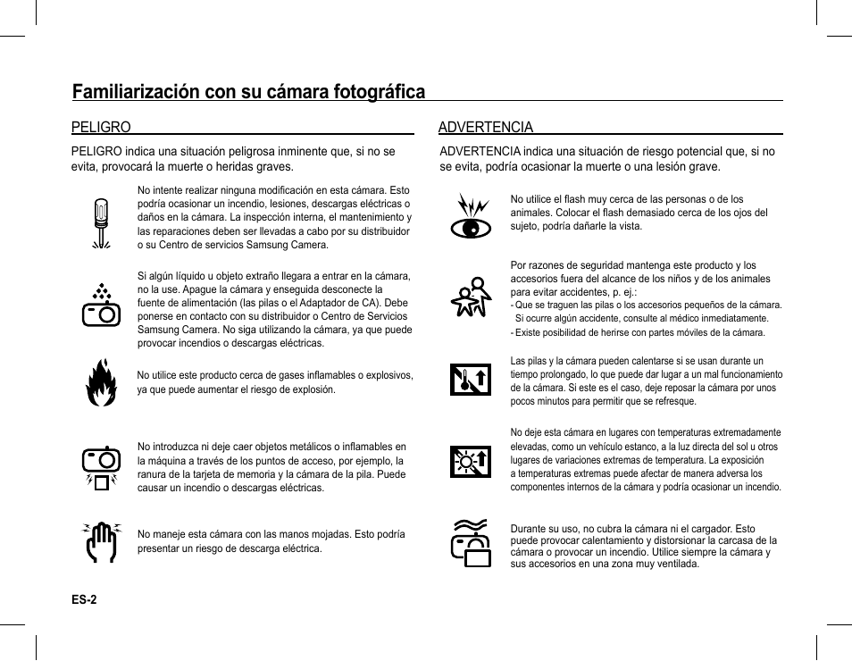 Familiarización con su cámara fotográfica, Peligro, Advertencia | Samsung EC-BL105SBA-US User Manual | Page 17 / 30