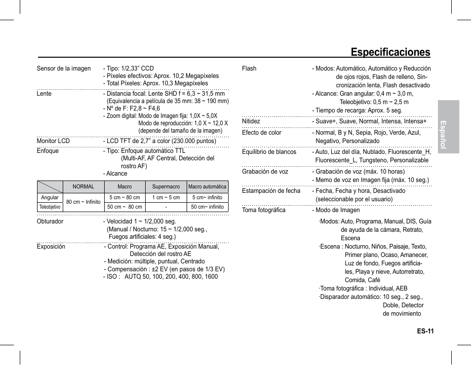 Especificaciones | Samsung EC-BL105SBA-US User Manual | Page 26 / 30