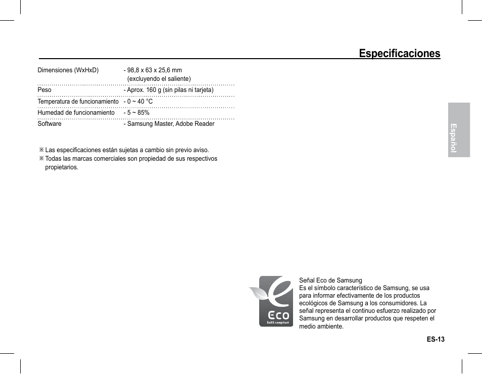 Especificaciones | Samsung EC-BL105SBA-US User Manual | Page 28 / 30