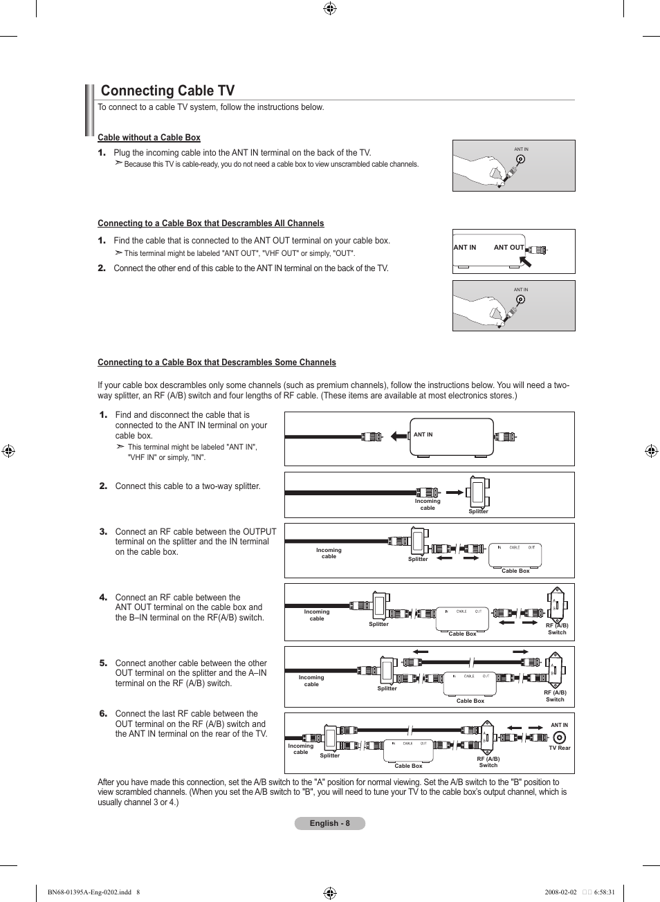 Connecting cable tv | Samsung LN40A450C1DXZA User Manual | Page 10 / 157