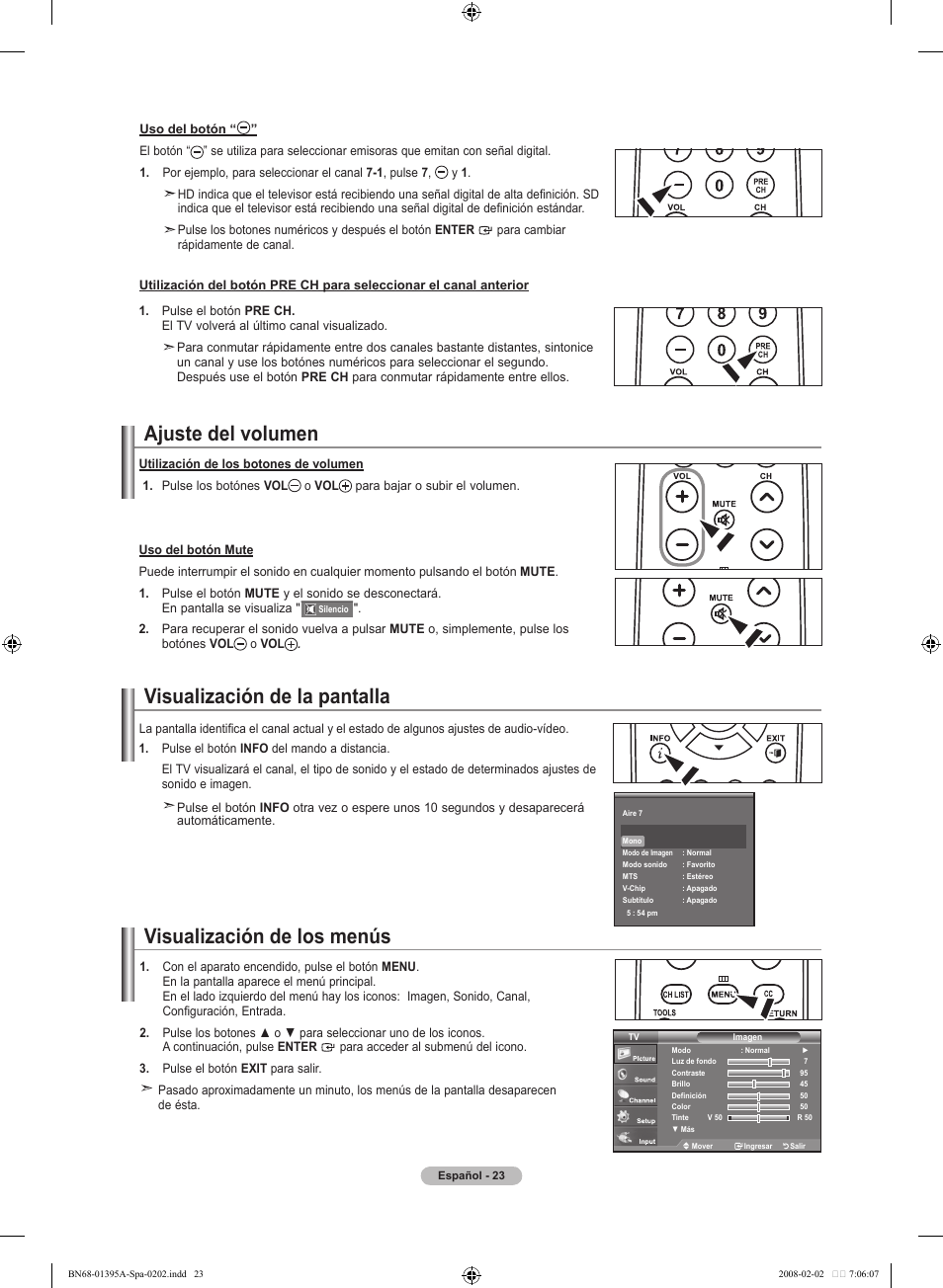 Ajuste del volumen, Visualización de la pantalla, Visualización de los menús | Samsung LN40A450C1DXZA User Manual | Page 103 / 157