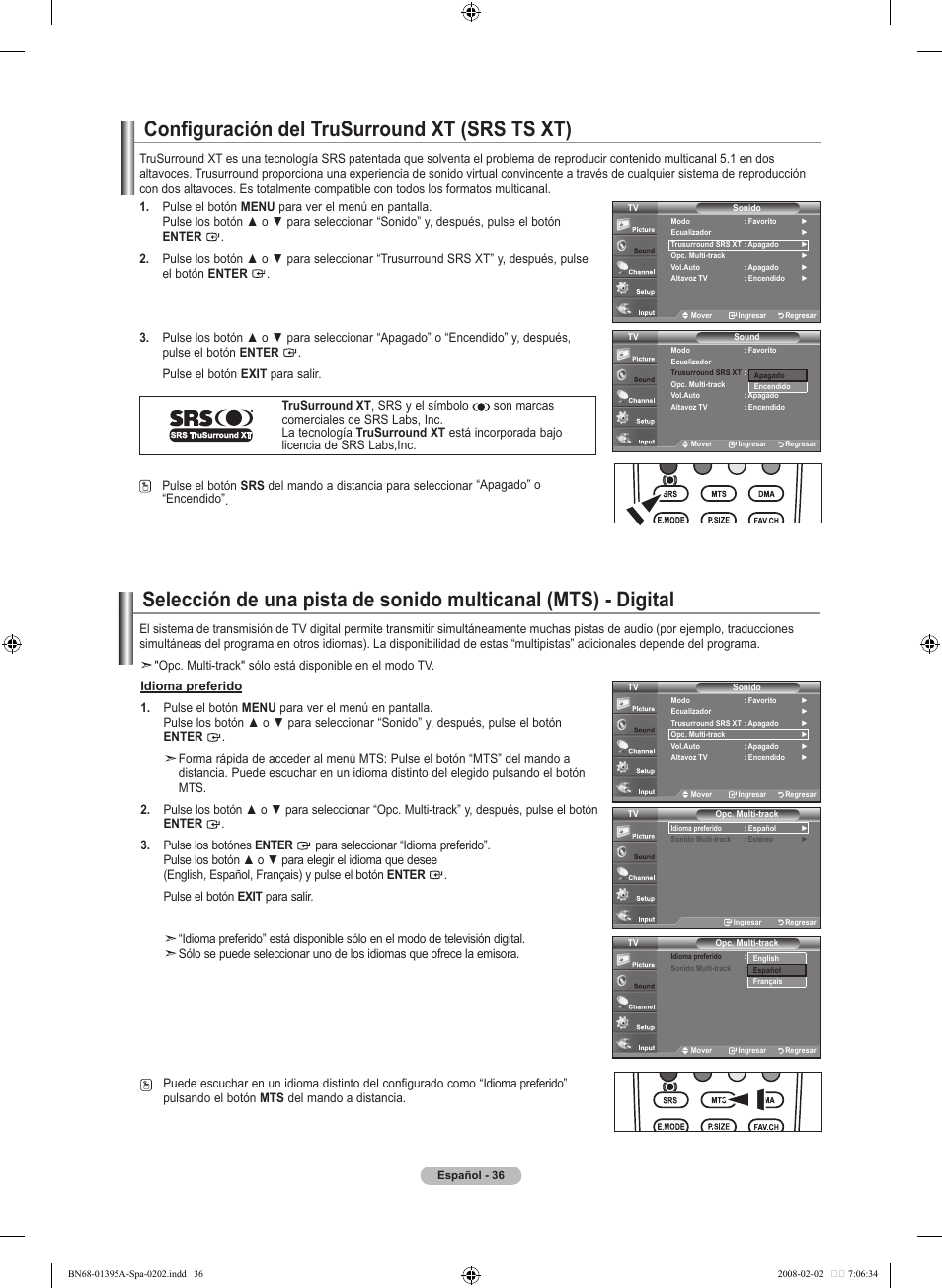 Configuración del trusurround xt (srs ts xt) | Samsung LN40A450C1DXZA User Manual | Page 116 / 157