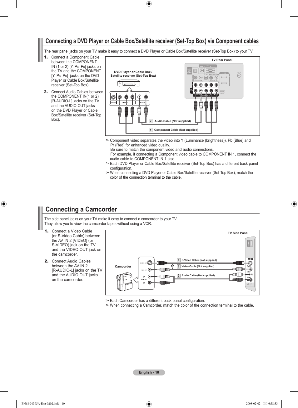 Connecting a camcorder | Samsung LN40A450C1DXZA User Manual | Page 12 / 157