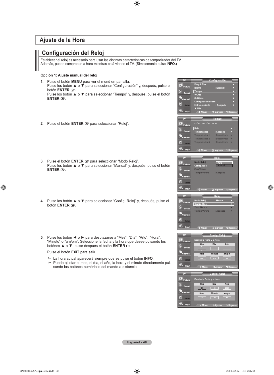 Configuración del reloj, Ajuste de la hora | Samsung LN40A450C1DXZA User Manual | Page 128 / 157