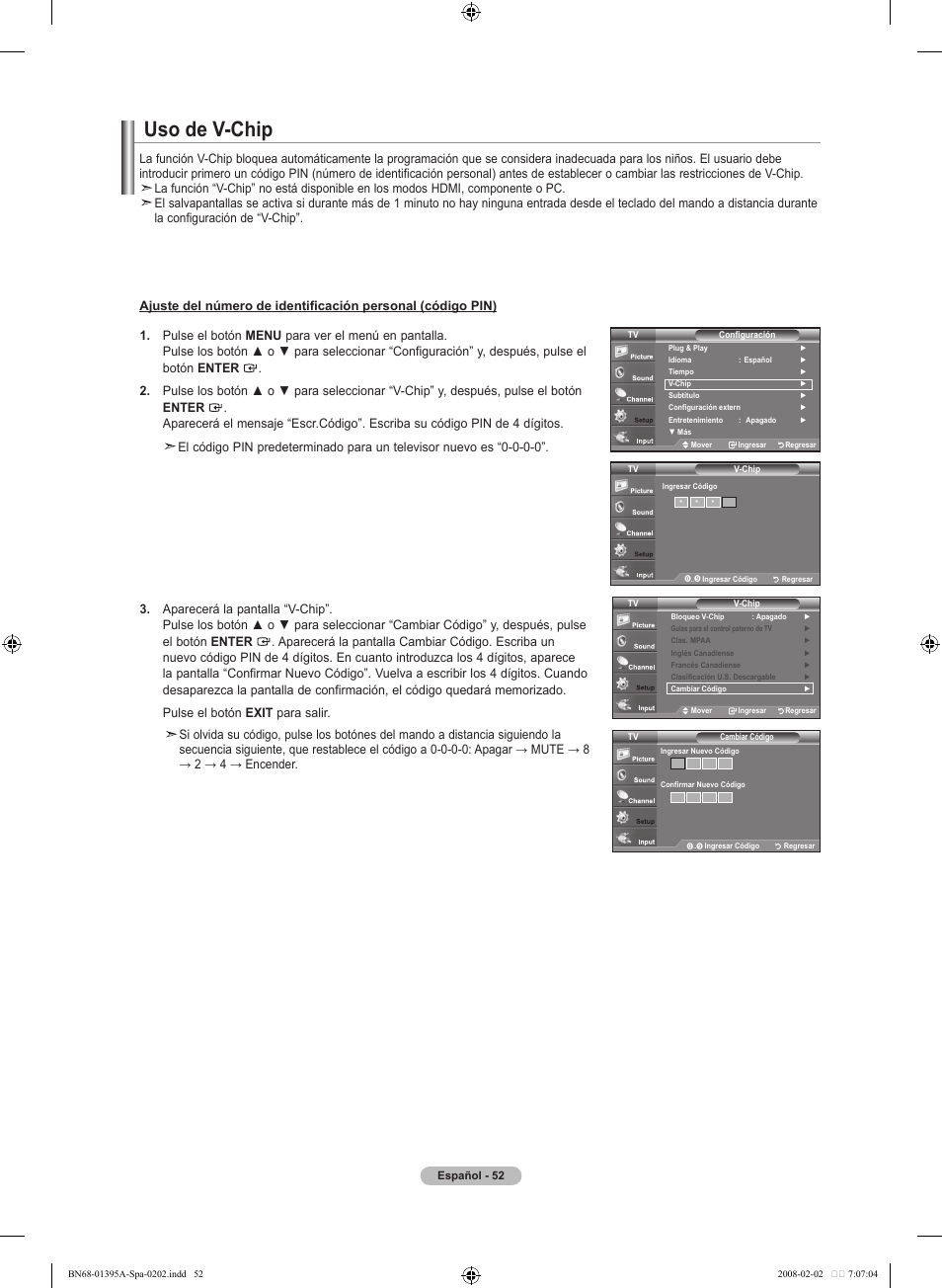 Uso de v-chip | Samsung LN40A450C1DXZA User Manual | Page 132 / 157