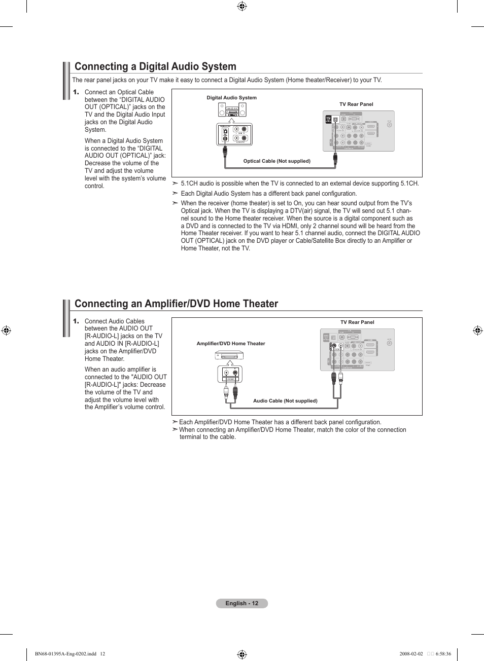 Connecting a digital audio system, Connecting an amplifier/dvd home theater | Samsung LN40A450C1DXZA User Manual | Page 14 / 157