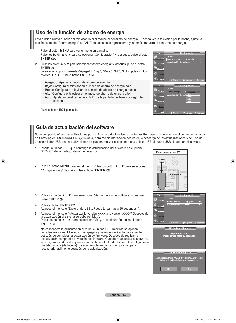 Guía de actualización del software, Uso de la función de ahorro de energía | Samsung LN40A450C1DXZA User Manual | Page 142 / 157