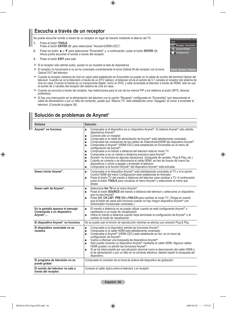 Escucha a través de un receptor, Solución de problemas de anynet | Samsung LN40A450C1DXZA User Manual | Page 146 / 157