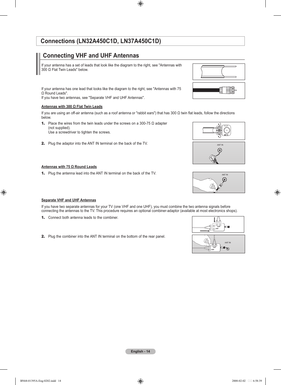 Connections (ln32a450c1d, ln37a450c1d), Connecting vhf and uhf antennas | Samsung LN40A450C1DXZA User Manual | Page 16 / 157