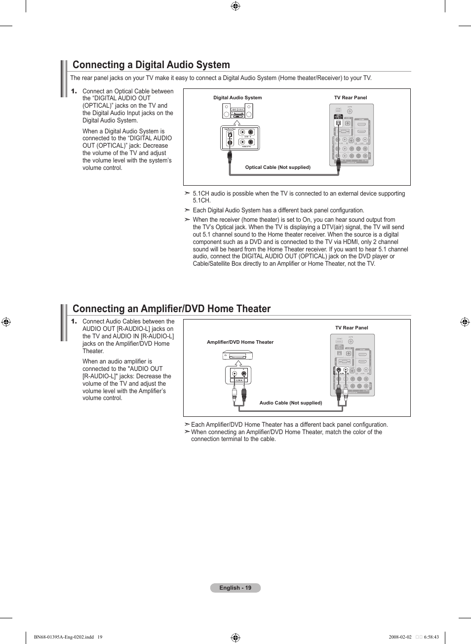 Connecting a digital audio system, Connecting an amplifier/dvd home theater | Samsung LN40A450C1DXZA User Manual | Page 21 / 157