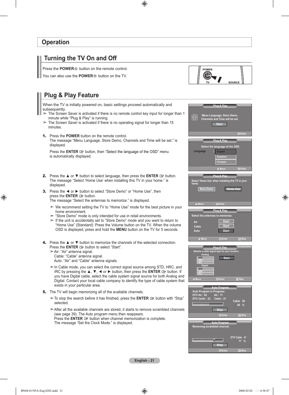 Operation, Turning the tv on and off, Plug & play feature | Samsung LN40A450C1DXZA User Manual | Page 23 / 157