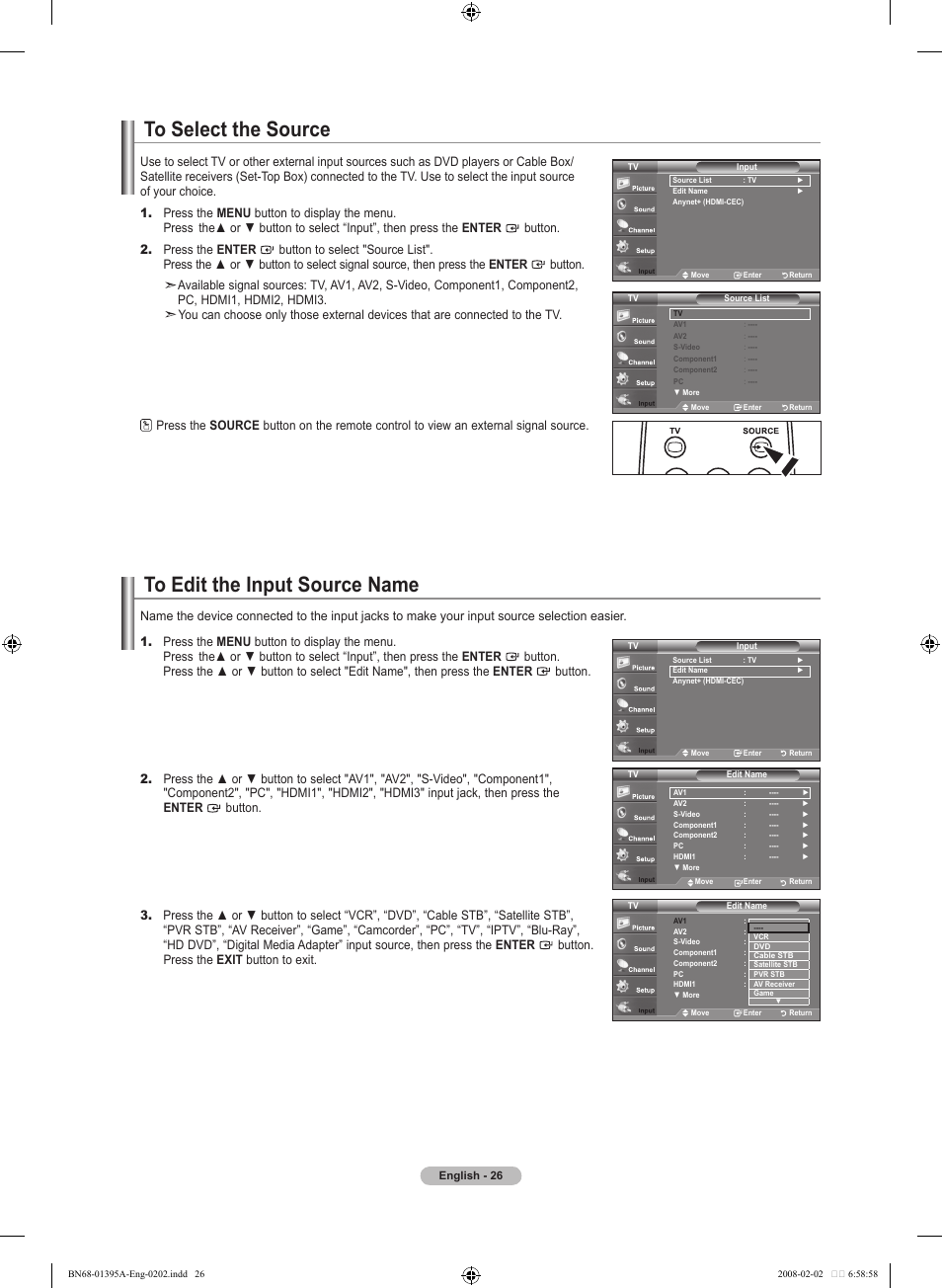 To select the source, To edit the input source name | Samsung LN40A450C1DXZA User Manual | Page 28 / 157