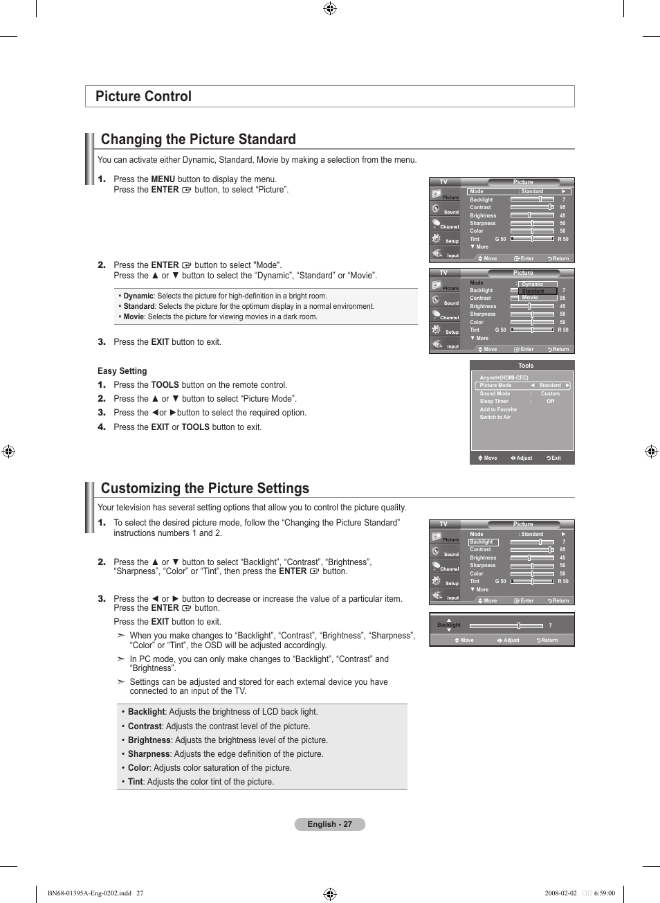 Picture control, Changing the picture standard, Customizing the picture settings | Samsung LN40A450C1DXZA User Manual | Page 29 / 157