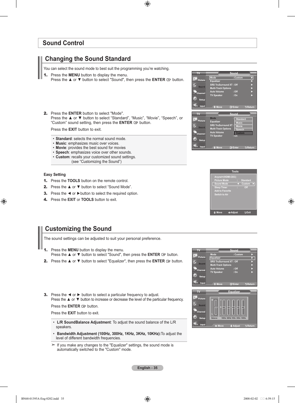 Sound control, Changing the sound standard, Customizing the sound | Samsung LN40A450C1DXZA User Manual | Page 37 / 157