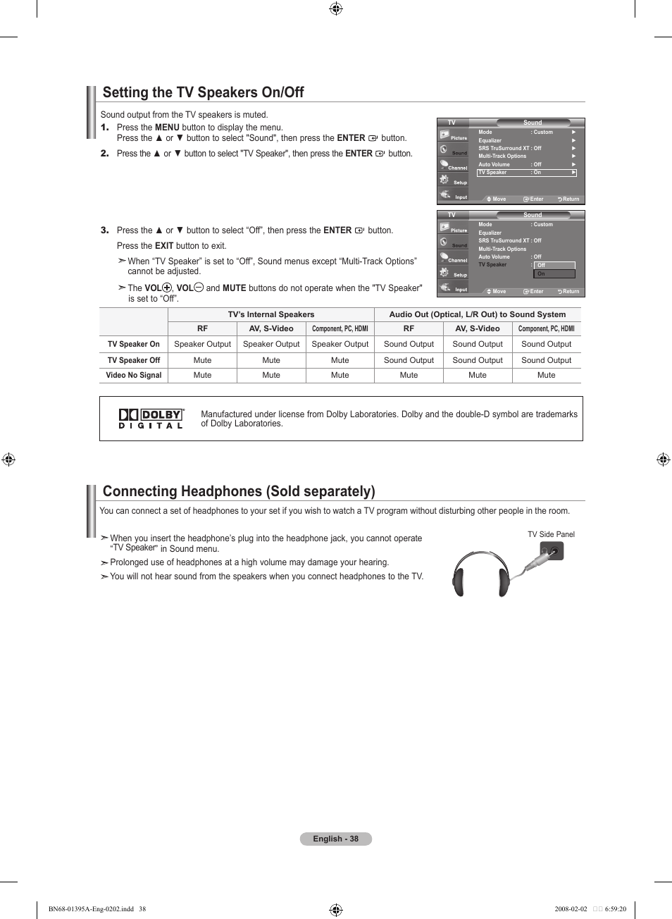 Setting the tv speakers on/off, Connecting headphones (sold separately) | Samsung LN40A450C1DXZA User Manual | Page 40 / 157