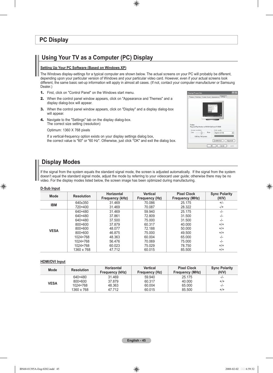 Pc display, Using your tv as a computer (pc) display, Display modes | Pc display display modes | Samsung LN40A450C1DXZA User Manual | Page 47 / 157