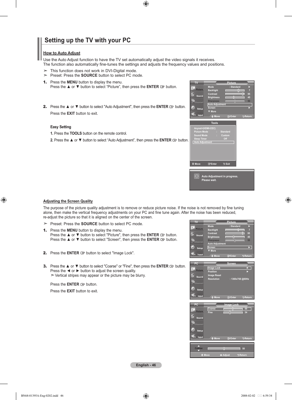 Setting up the tv with your pc, This function does not work in dvi-digital mode | Samsung LN40A450C1DXZA User Manual | Page 48 / 157