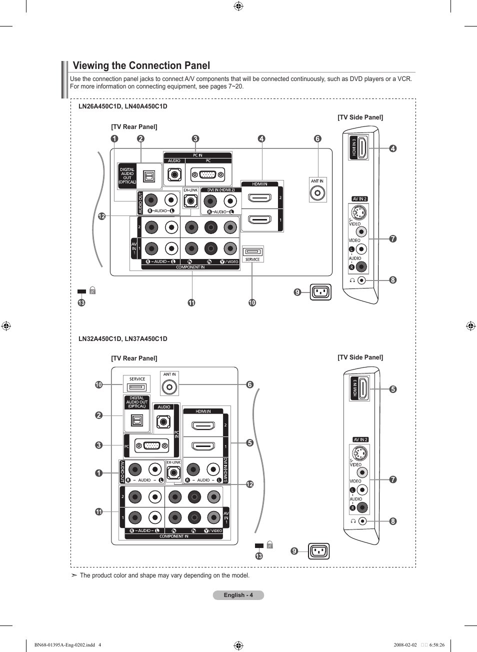 Viewing the connection panel | Samsung LN40A450C1DXZA User Manual | Page 6 / 157