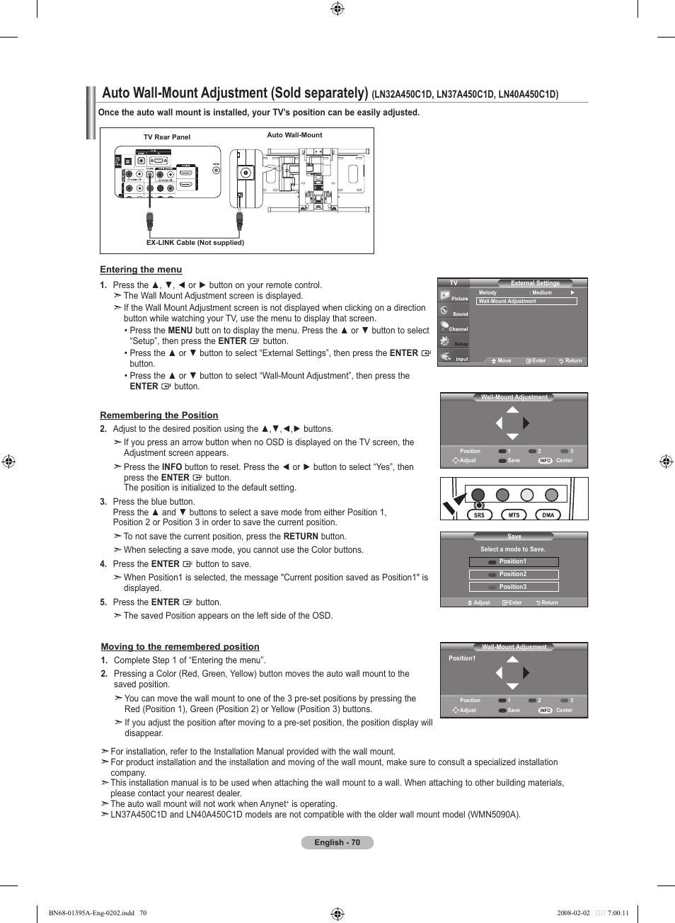 Auto wall-mount adjustment (sold separately) | Samsung LN40A450C1DXZA User Manual | Page 72 / 157