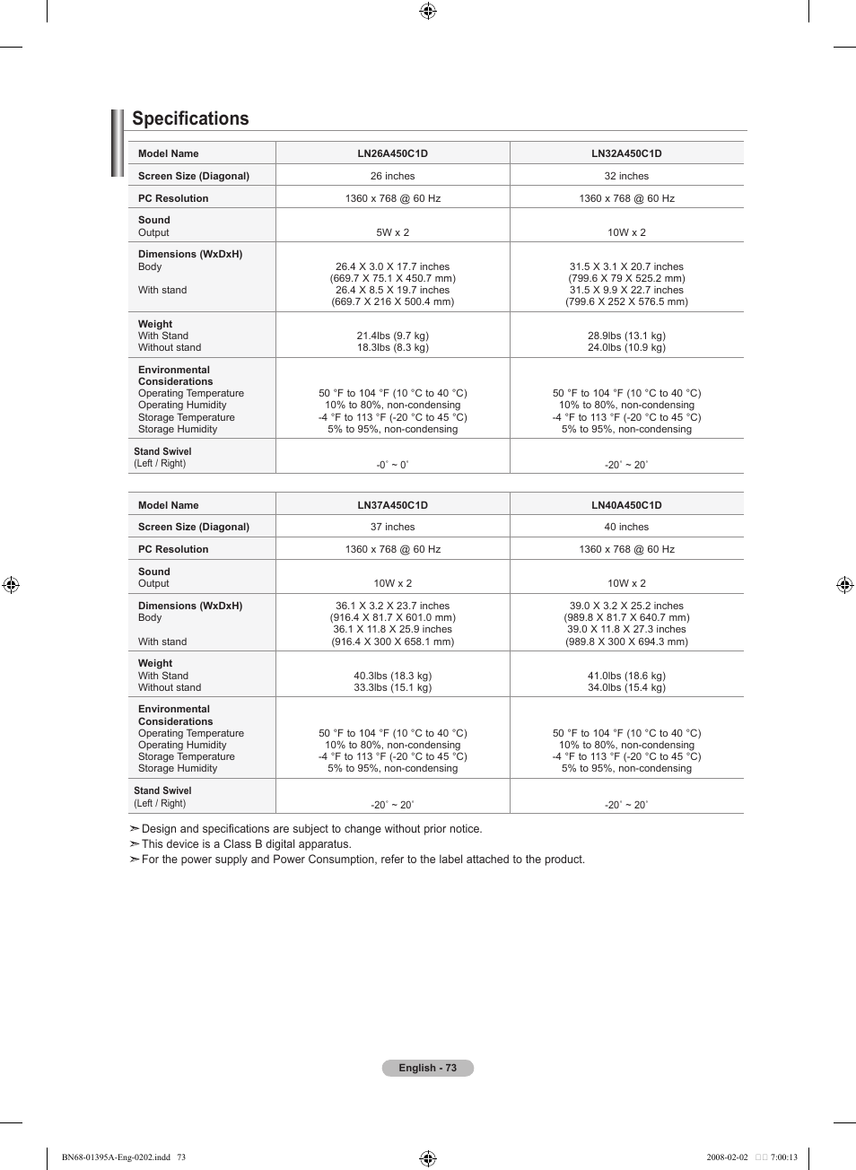 Specifications | Samsung LN40A450C1DXZA User Manual | Page 75 / 157