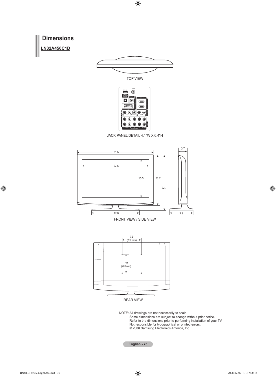 Dimensions | Samsung LN40A450C1DXZA User Manual | Page 77 / 157