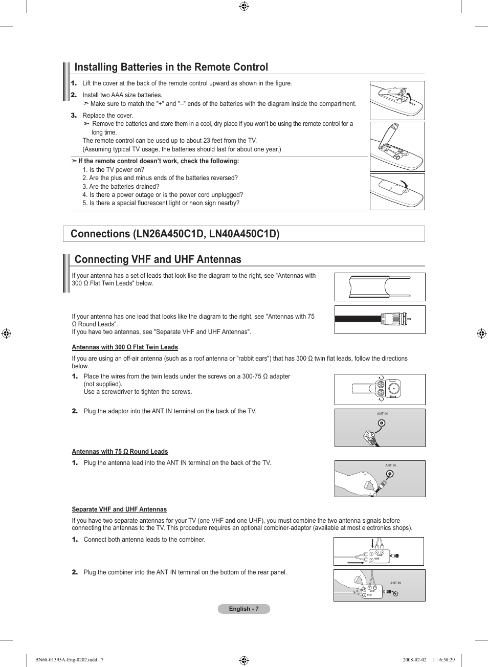 Installing batteries in the remote control, Connections (ln26a450c1d, ln40a450c1d), Connecting vhf and uhf antennas | Samsung LN40A450C1DXZA User Manual | Page 9 / 157