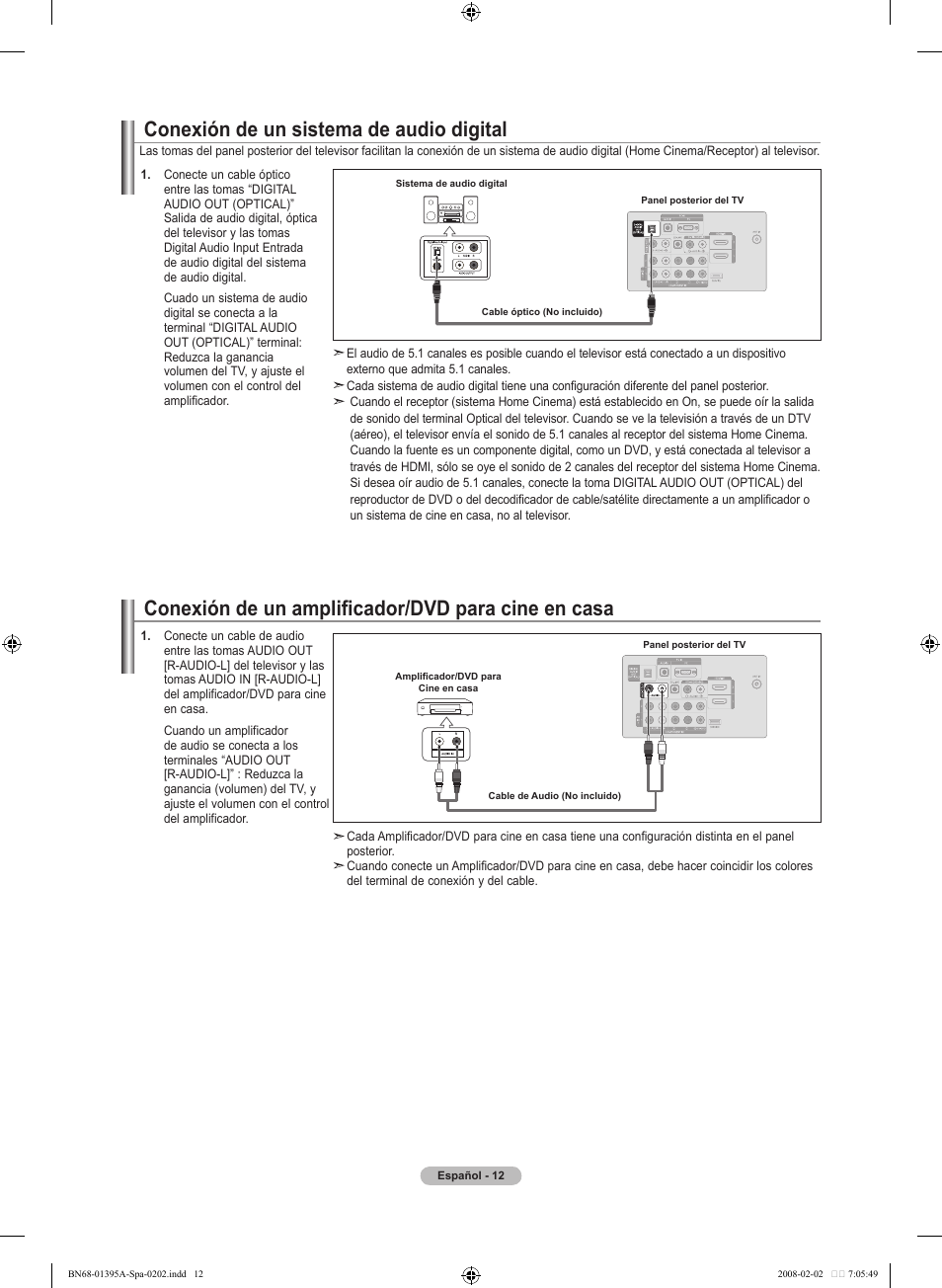 Conexión de un amplificador/dvd para cine en casa, Conexión de un sistema de audio digital | Samsung LN40A450C1DXZA User Manual | Page 92 / 157