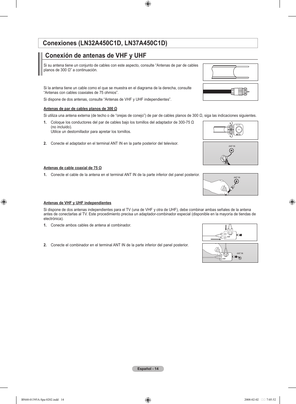 Conexión de antenas de vhf y uhf | Samsung LN40A450C1DXZA User Manual | Page 94 / 157