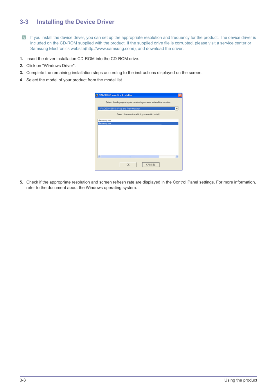 3 installing the device driver, Installing the device driver -3 | Samsung LS22B310BS-ZA User Manual | Page 20 / 44