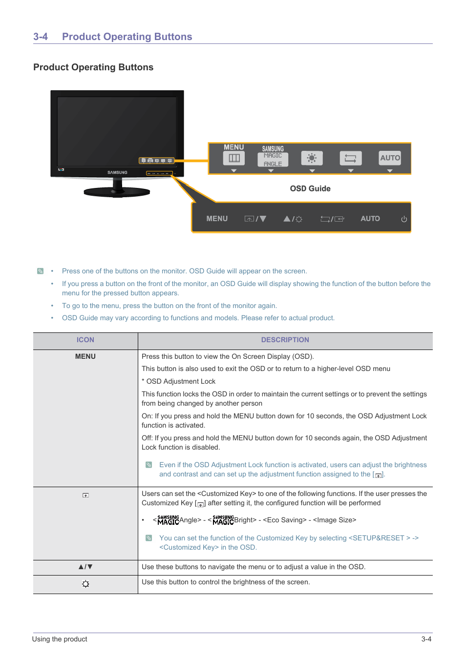 4 product operating buttons, Product operating buttons -4, Product operating buttons | Samsung LS22B310BS-ZA User Manual | Page 21 / 44