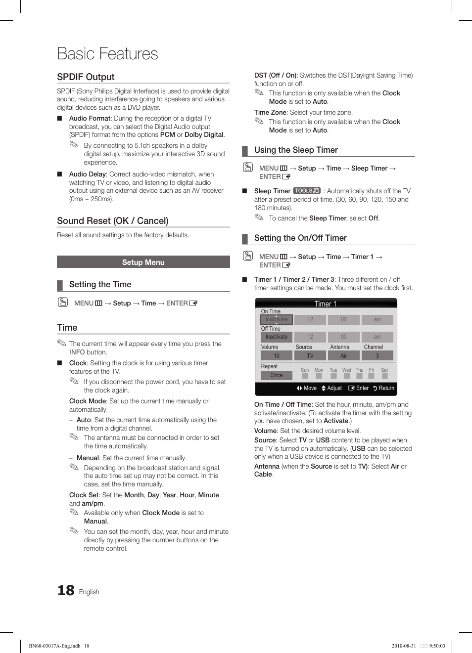 Basic features, Spdif output, Sound reset (ok / cancel) | Time | Samsung LN40C560J2FXZA User Manual | Page 18 / 59