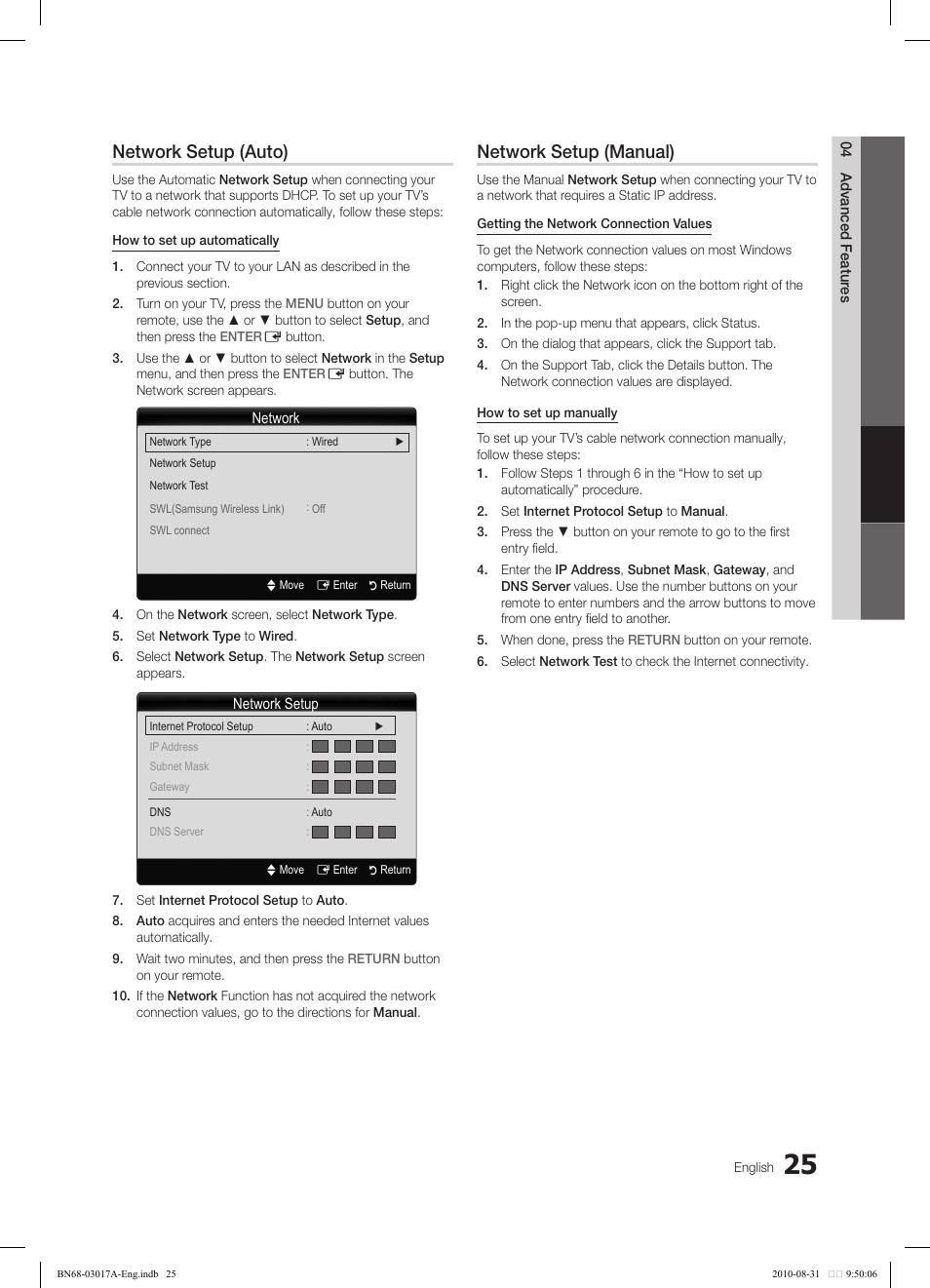 Network setup (auto), Network setup (manual) | Samsung LN40C560J2FXZA User Manual | Page 25 / 59