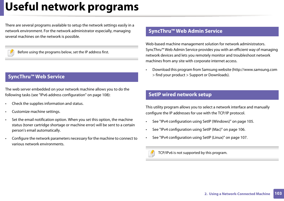 Useful network programs, Syncthru™ web service, Syncthru™ web admin service | Setip wired network setup | Samsung SL-M2625D-XAA User Manual | Page 103 / 236