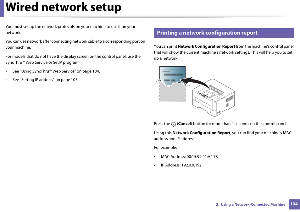 Wired network setup, Printing a network configuration report | Samsung SL-M2625D-XAA User Manual | Page 104 / 236