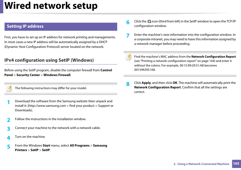 Wired network setup, Ipv4 configuration using setip (windows) | Samsung SL-M2625D-XAA User Manual | Page 105 / 236