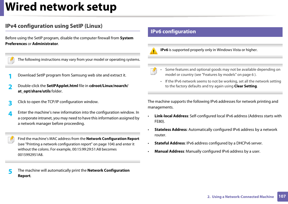 Wired network setup, Ipv4 configuration using setip (linux), Ipv6 configuration | Samsung SL-M2625D-XAA User Manual | Page 107 / 236