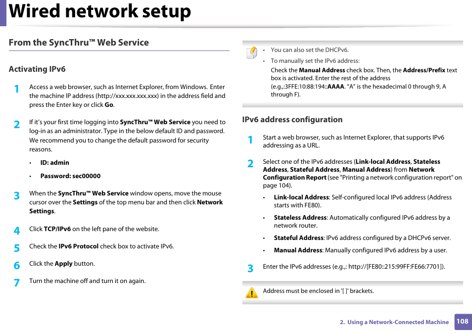 Wired network setup | Samsung SL-M2625D-XAA User Manual | Page 108 / 236