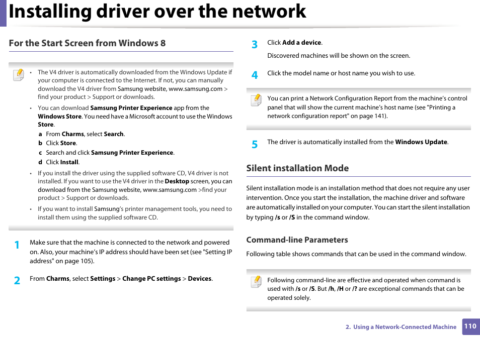 Installing driver over the network, For the start screen from windows 8, Silent installation mode | Samsung SL-M2625D-XAA User Manual | Page 110 / 236